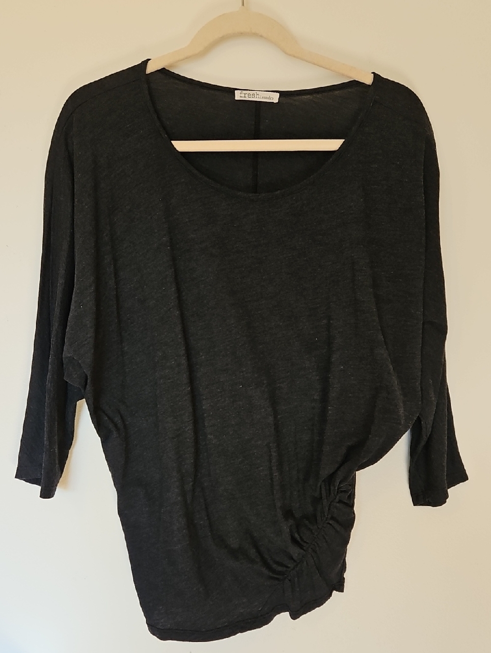 Fresh Laundry Heatherec Black Side-Ruched Dolman Long Sleeve Top, Sz L